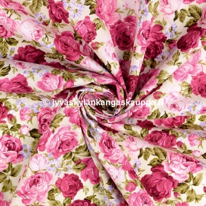 Puuvilla-Popliini Ruusutarha Luonnonvalkoinen Magenta
